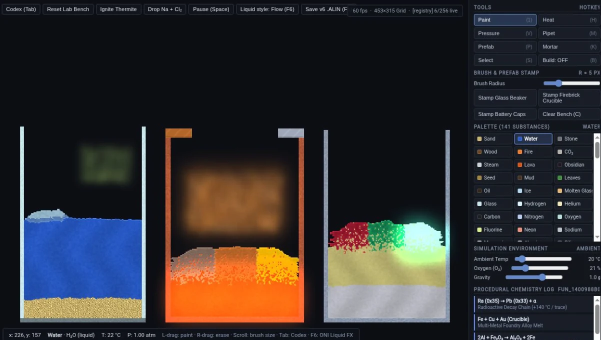 Modded Alembic running at 60 fps: beakers of water and sand, molten metal in a crucible, a 141-substance palette and a chemistry log