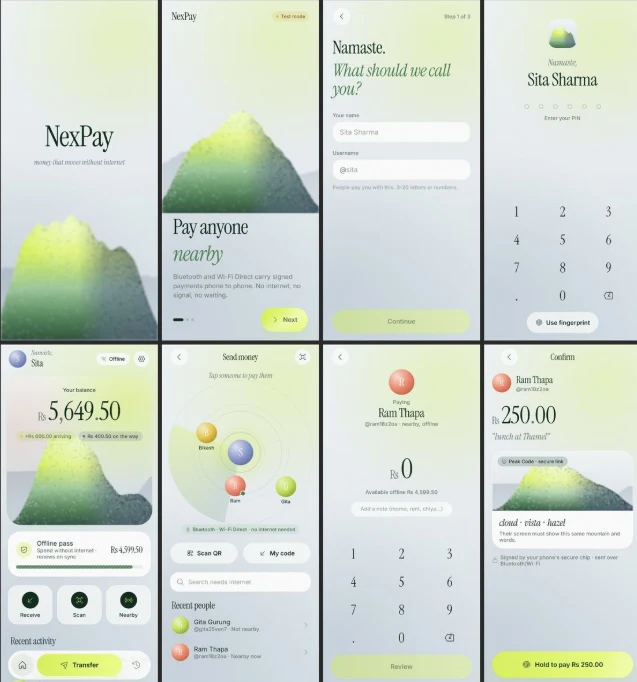 Eight NexPay screens: onboarding, PIN, wallet balance, nearby people radar, amount entry and hold-to-pay confirm